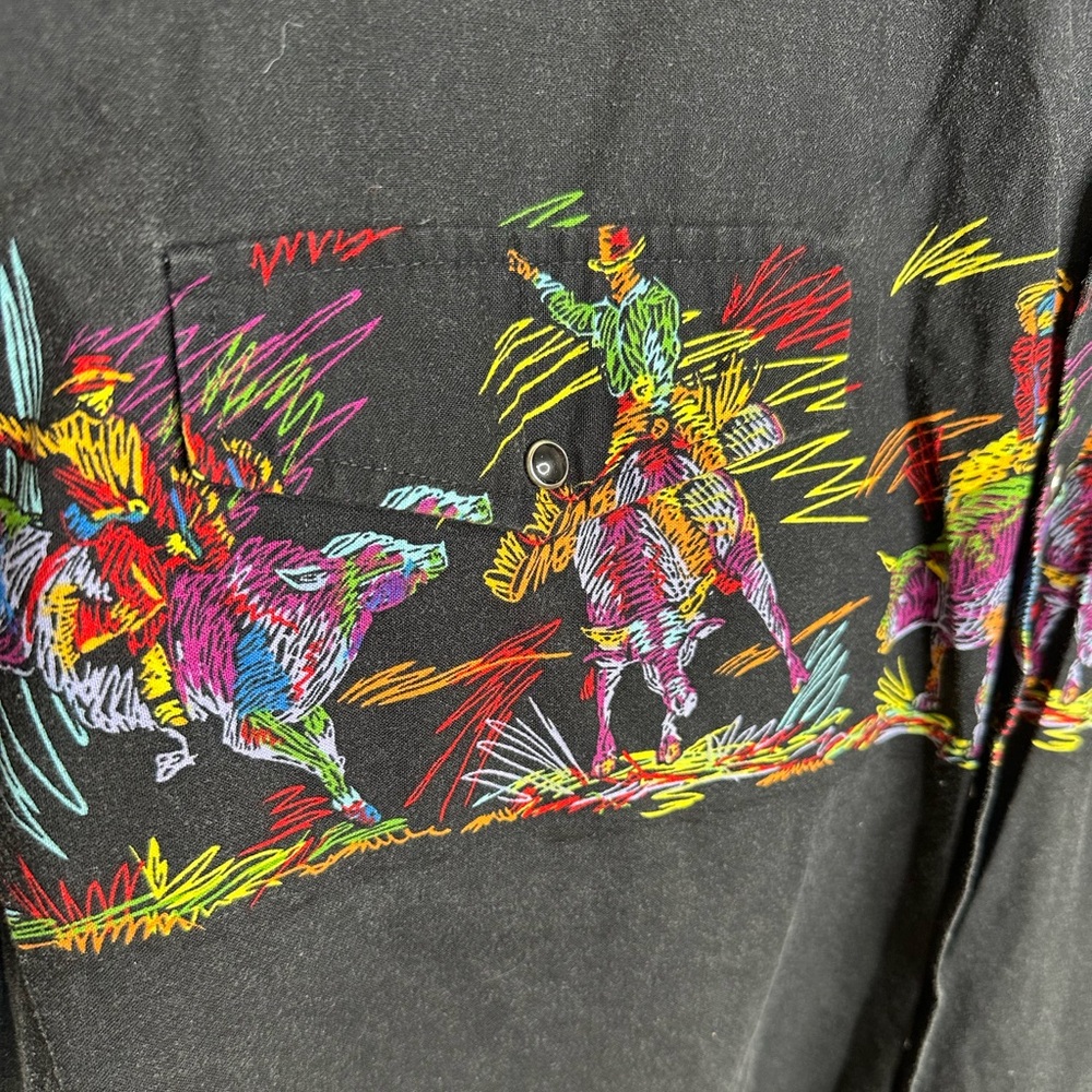 **SOLD**Vintage Roper Western Shirt XL – Black Cowboy Neon Rodeo Horse Print - Picture 3 of 7